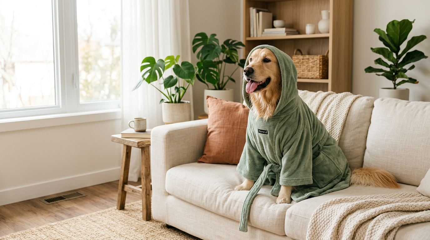 A golden retriever wrapped in a sage bathrobe on a cream sofa
