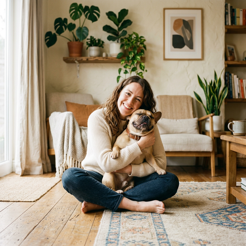 A woman hugging her French bulldog at home